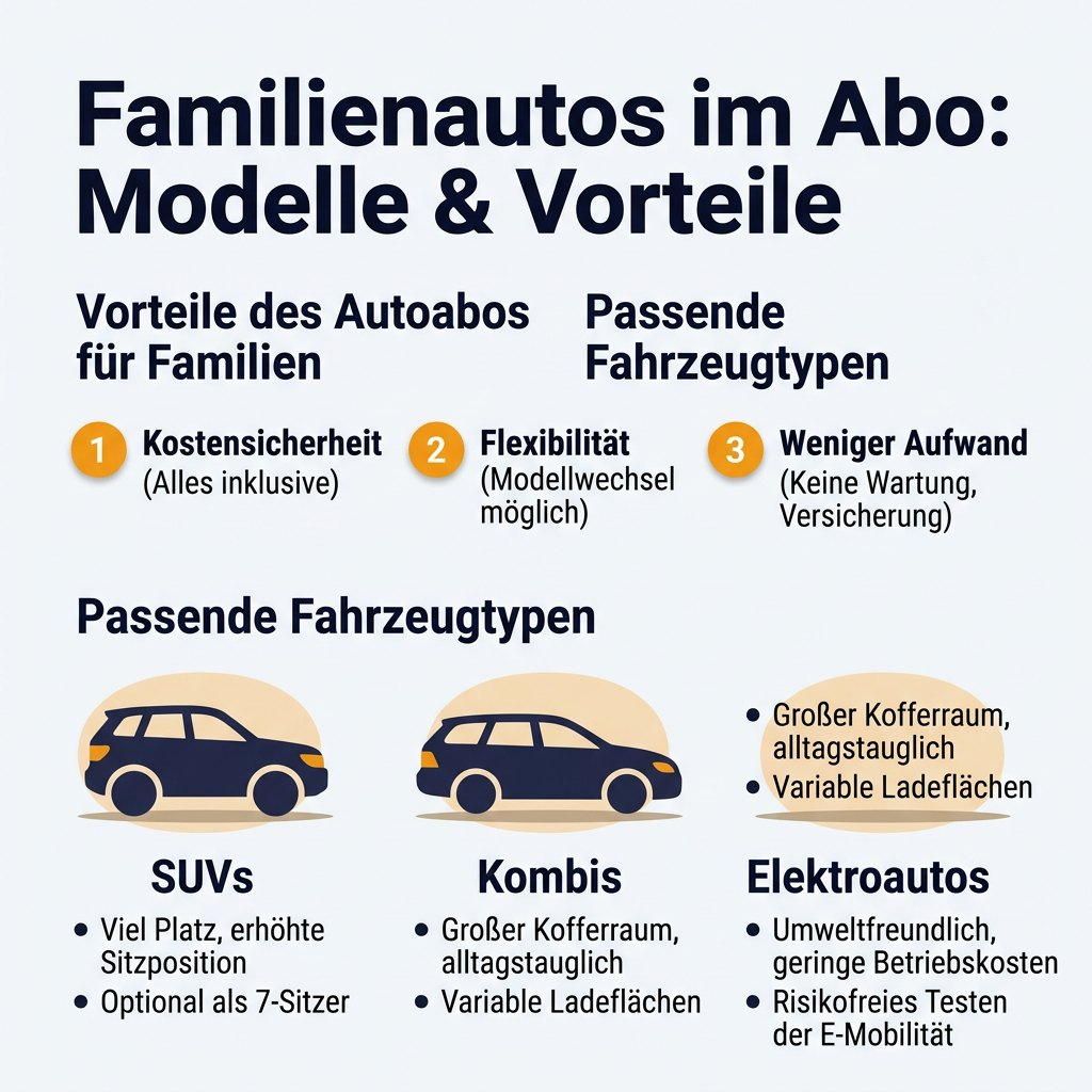 Familienautos im Abo: Modelle und Vorteile für die Familie Infografik: Familienautos im Abo – Vorteile wie Kostensicherheit und Flexibilität sowie passende Fahrzeugtypen wie SUVs, Kombis und Elektroautos.