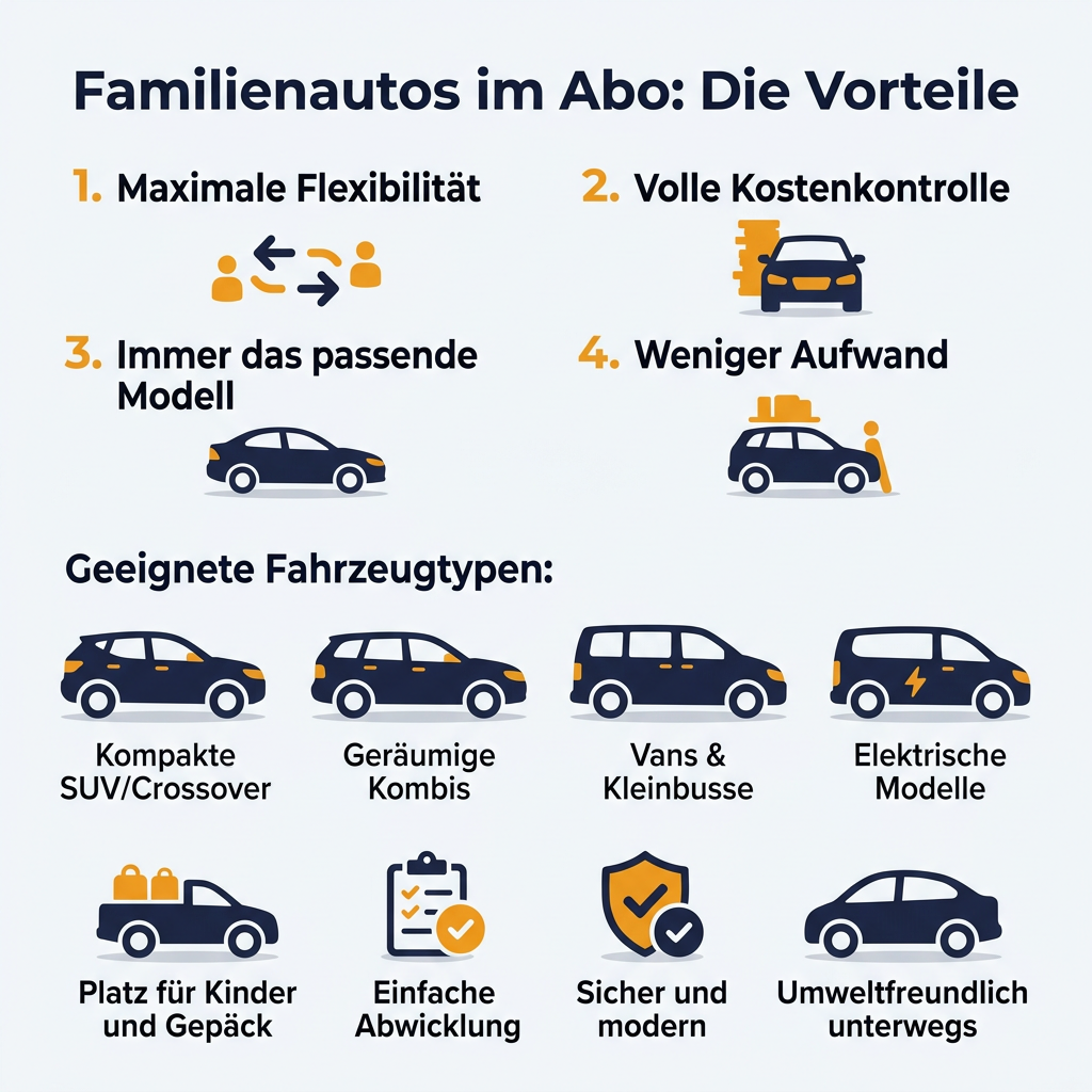 Infografik: Vorteile von Familienautos im Auto-Abo und geeignete Fahrzeugtypen wie SUV, Kombi, Vans und Elektroautos für flexible Familienmobilität.