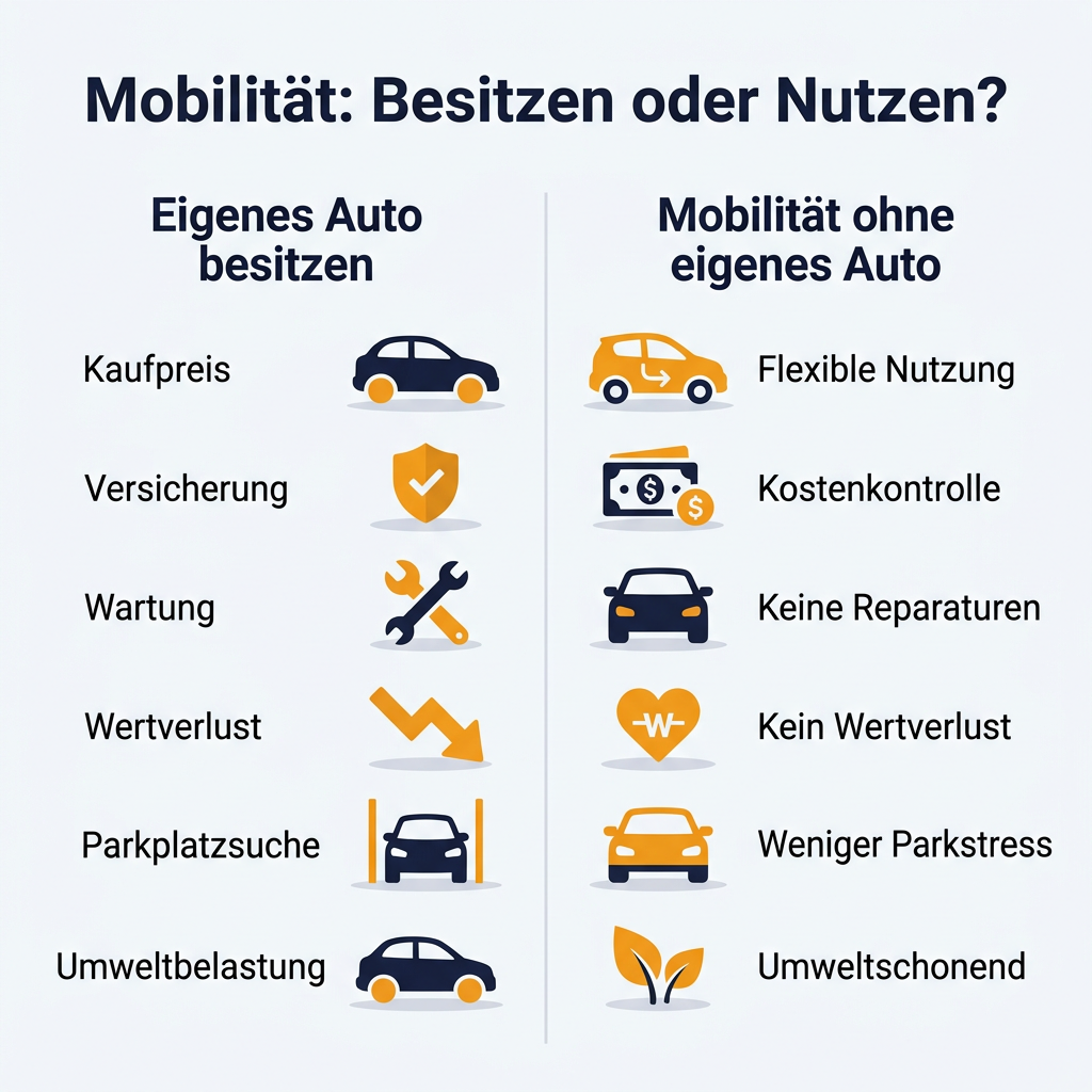 Infografik zum Vergleich von Mobilität ohne eigenes Auto und dem Besitz eines eigenen Autos, die Vorteile wie Kostenkontrolle, Flexibilität und Umweltschutz hervorhebt.
