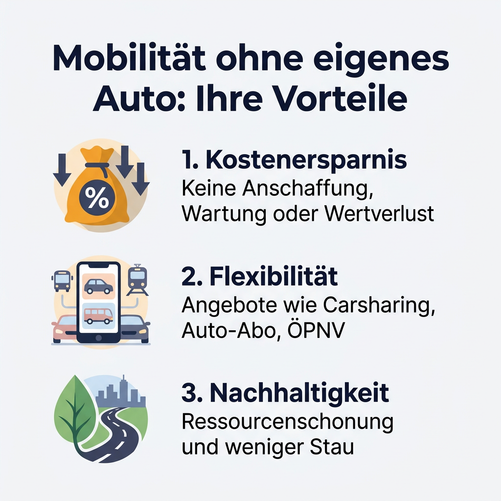 Infografik über die Vorteile der Mobilität ohne eigenes Auto, beleuchtet Kostenersparnis, Flexibilität durch Carsharing und Auto-Abos sowie Nachhaltigkeit.