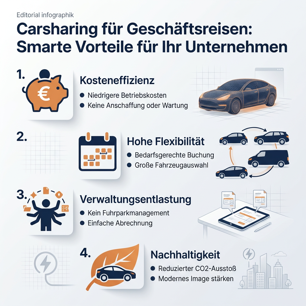 Infografik über die Vorteile von Carsharing für Geschäftsreisen, zeigt Kosteneffizienz, Flexibilität, Verwaltungsentlastung und Nachhaltigkeit.