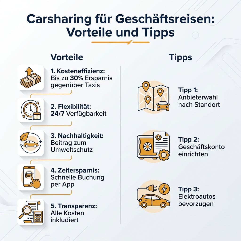 Infografik: Die wichtigsten Vorteile und Tipps für Carsharing auf Geschäftsreisen, inklusive Kosteneffizienz, Flexibilität und Nachhaltigkeit