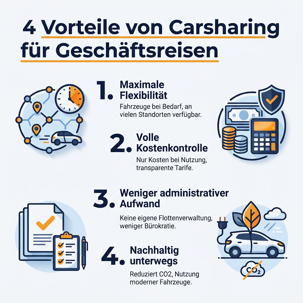 Infografik: Die 4 Vorteile von Carsharing für Geschäftsreisen, inklusive Flexibilität, Kostenkontrolle, administrative Entlastung und Nachhaltigkeit.