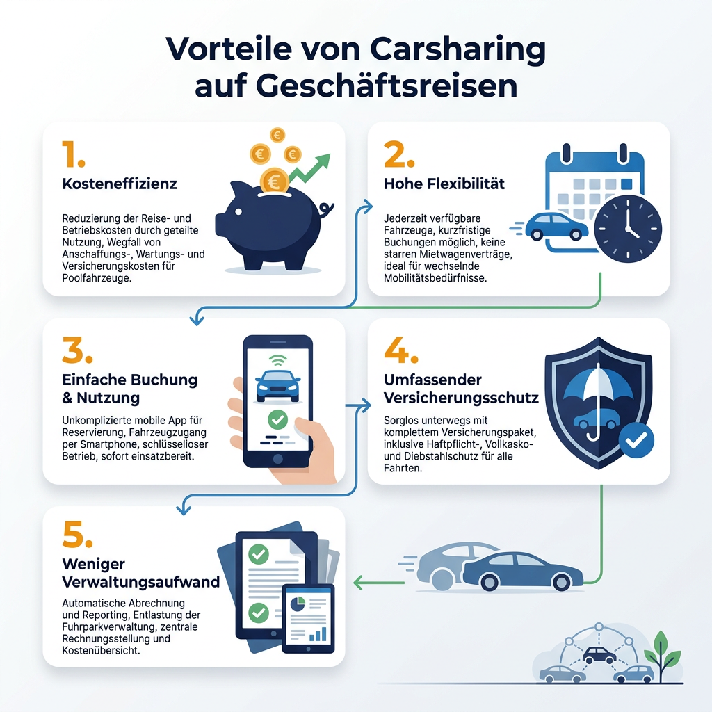 Infografik: Vorteile von Carsharing für Geschäftsreisen – Kosteneffizienz, hohe Flexibilität, einfache Buchung, umfassender Versicherungsschutz, weniger Verwaltungsaufwand.
