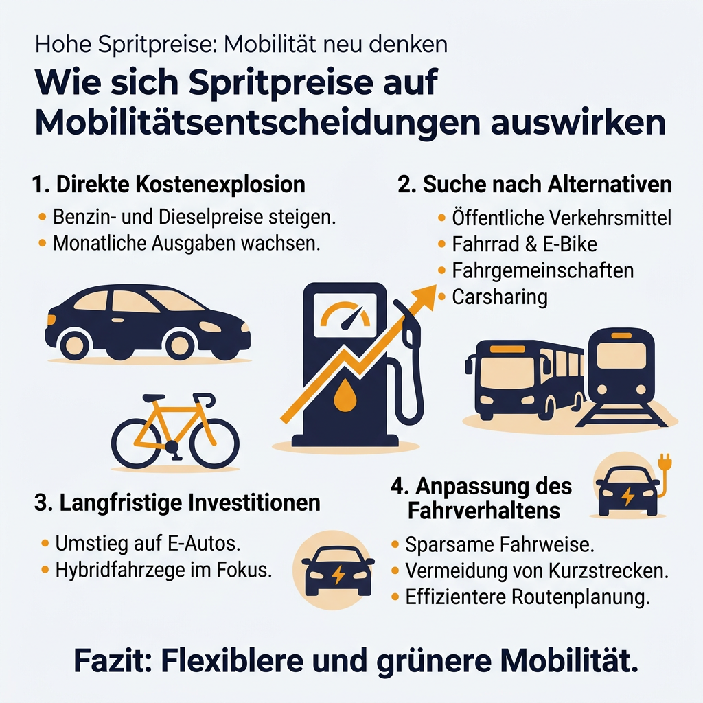 Infografik: Auswirkungen hoher Spritpreise auf Mobilitätsentscheidungen, mit Alternativen wie Carsharing, E-Autos und öffentlichen Verkehrsmitteln