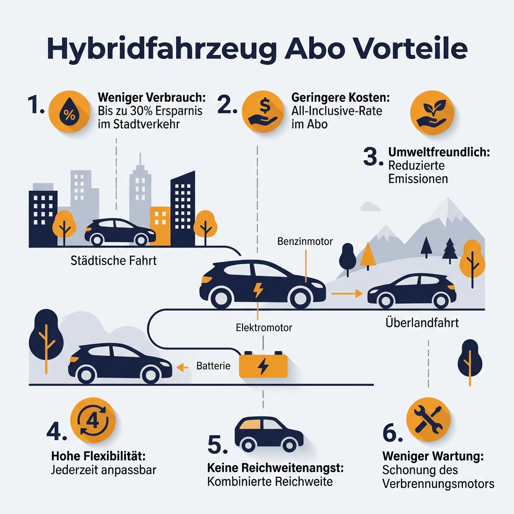 Infografik über die Vorteile von Hybridfahrzeugen im Autoabo mit Fokus auf Verbrauchsvorteile und Flexibilität.