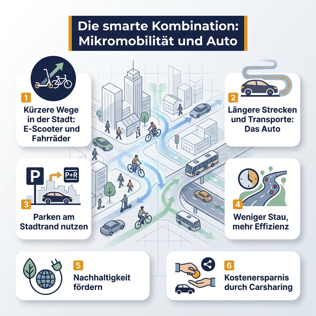 Infografik zur smarten Kombination von Mikromobilität und Auto für effiziente und nachhaltige urbane Fortbewegung
