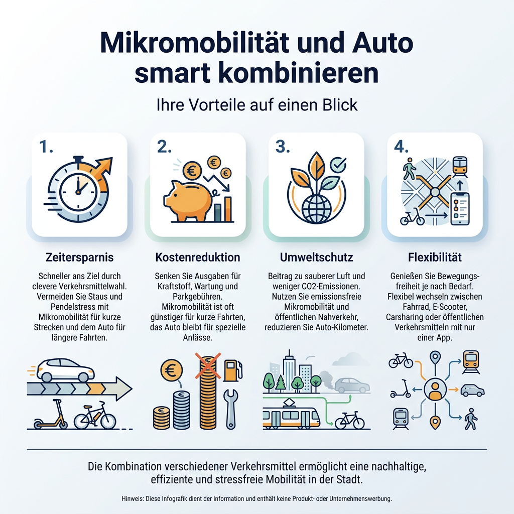 Infografik zur smarten Kombination von Mikromobilität und Auto für mehr Zeitersparnis, Kostenreduktion, Umweltschutz und Flexibilität in der urbanen Mobilität.