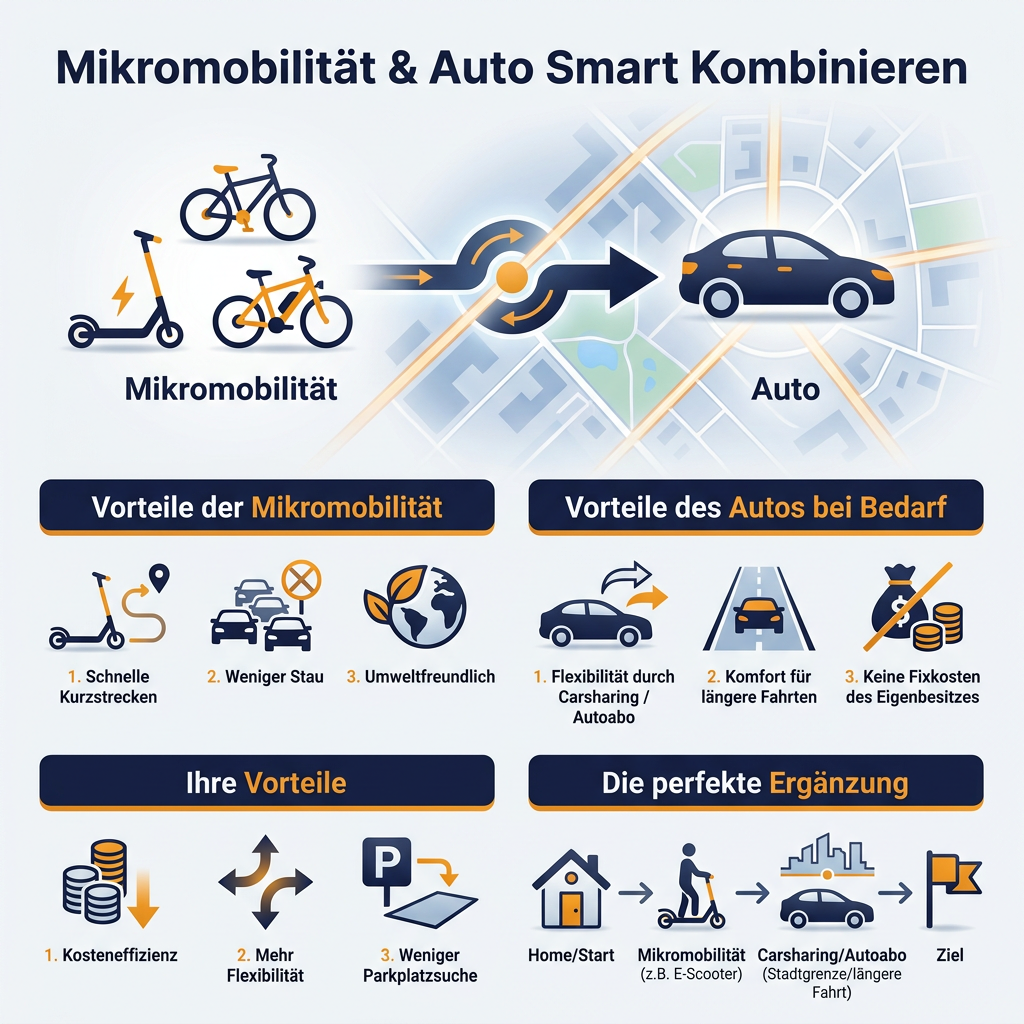 Infografik zur smarten Kombination von Mikromobilität und Autoabonnement oder Carsharing, mit Vorteilen wie Kosteneffizienz und Flexibilität.