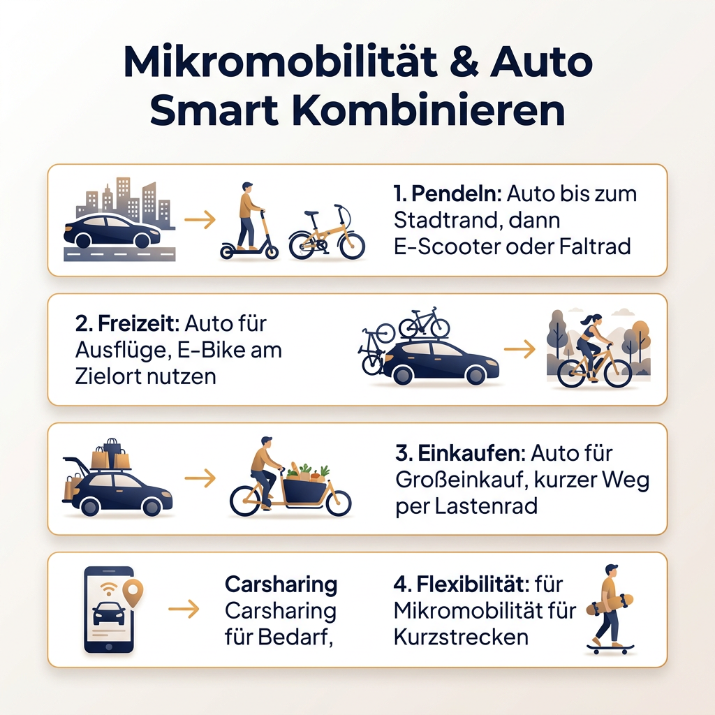 Mikromobilität und Auto Smart Kombinieren – Eine Infografik Infografik zur smarten Kombination von Mikromobilität und Auto im Alltag, mit Tipps zu Pendeln, Freizeit, Einkaufen und Flexibilität.