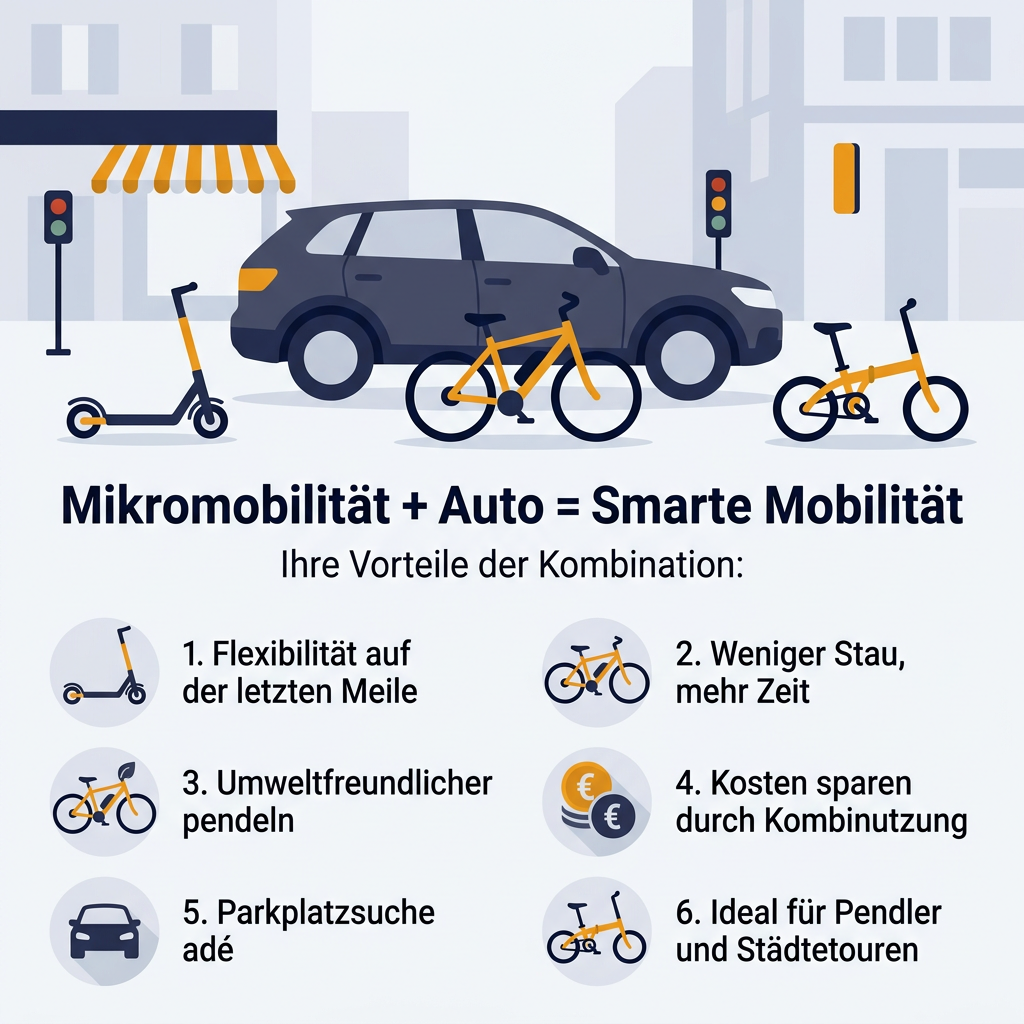 Infografik zur smarten Kombination von Mikromobilität und Auto für flexible und nachhaltige Fortbewegung im urbanen Raum und auf Langstrecken.
