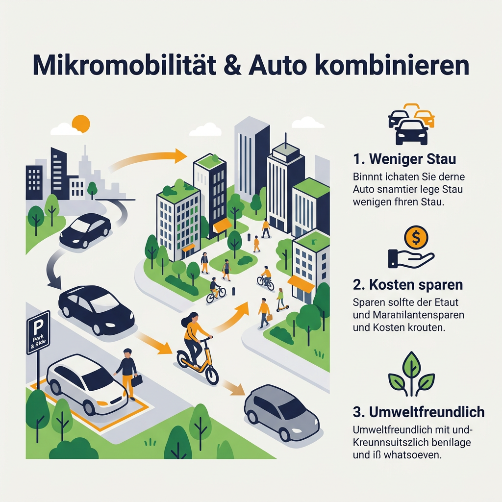 Infografik zur Kombination von Mikromobilität und Auto für effizientere urbane Wege, zeigt Übergang von Auto auf E-Scooter und Vorteile wie weniger Stau und Kosteneinsparung.
