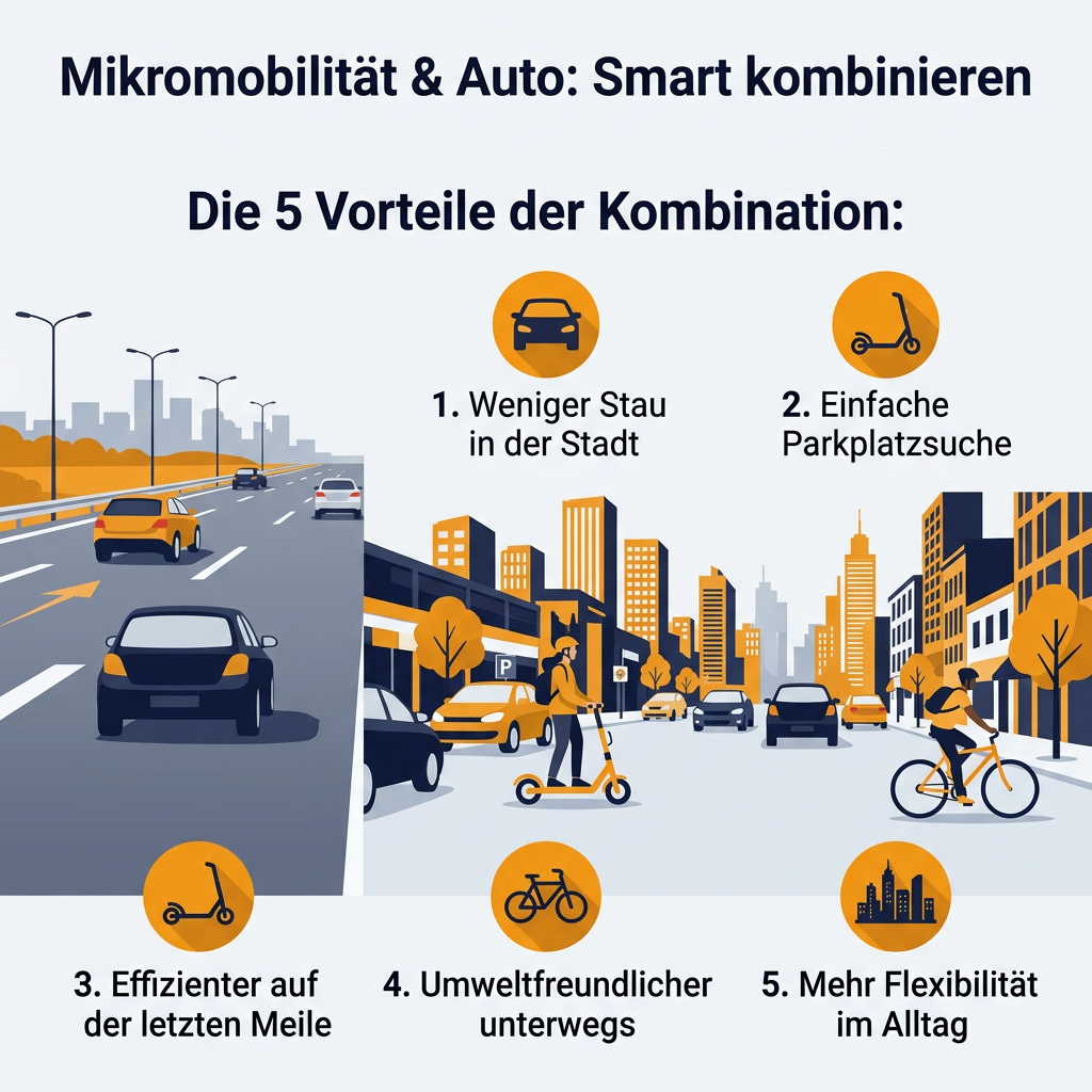 Infografik: Die intelligente Kombination von Mikromobilität und Auto für effizientere urbane Wege, weniger Stau und mehr Flexibilität.