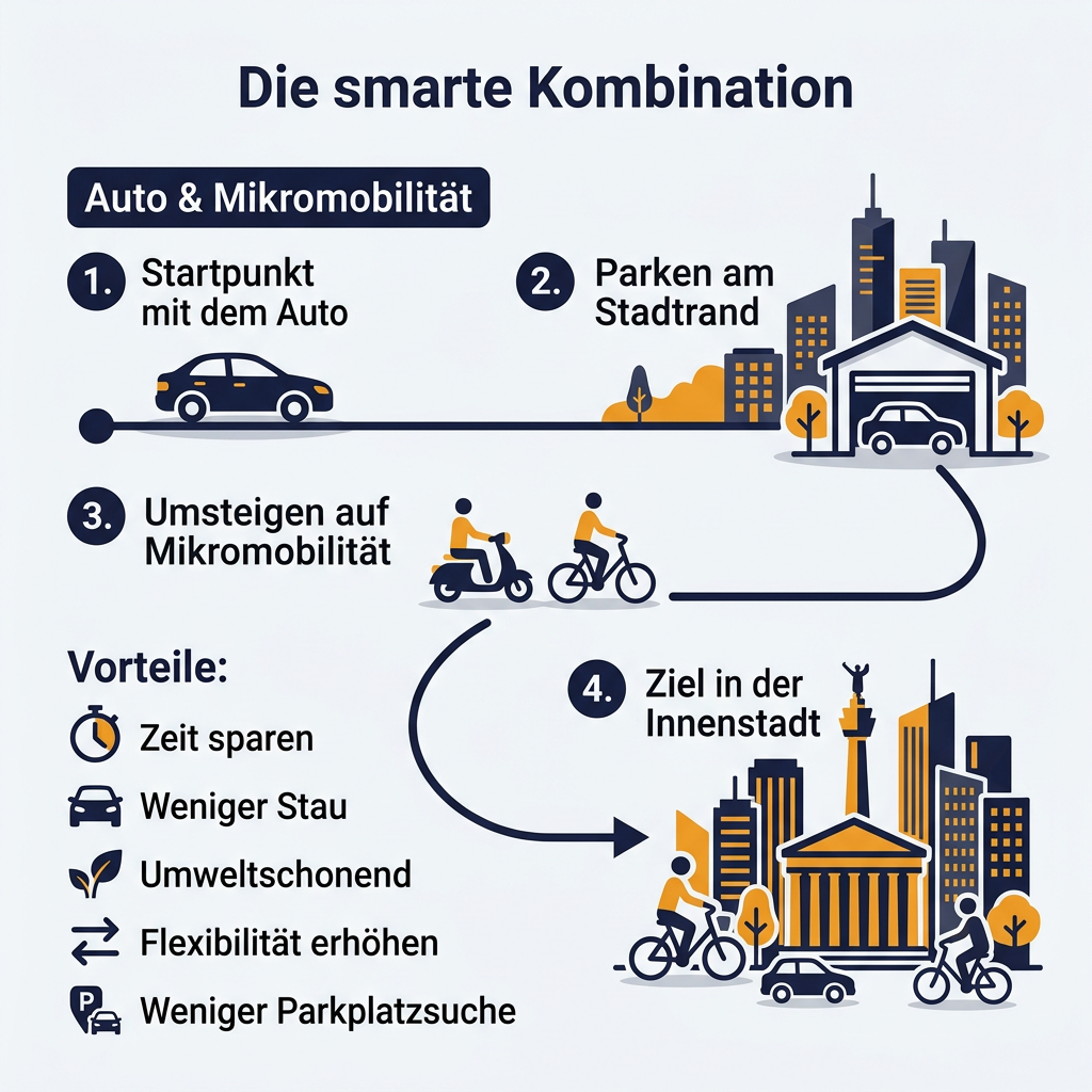 Infografik zur smarten Kombination von Auto und Mikromobilität für effiziente und nachhaltige urbane Mobilität, mit Vorteilen wie Zeitersparnis und Umweltschutz.