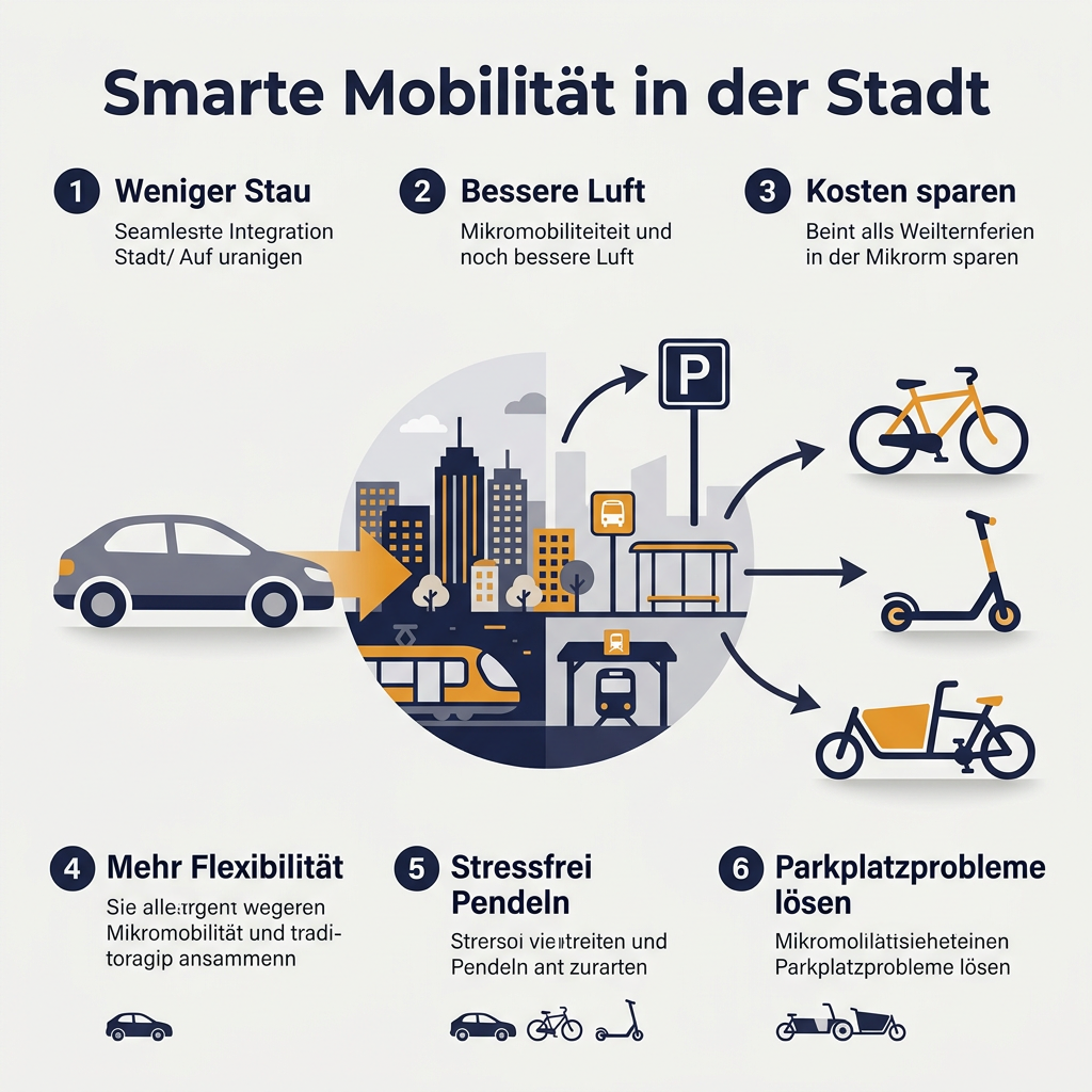 Infografik zur smarten urbanen Mobilität, die Mikromobilität (E-Scooter, Fahrrad) und Auto kombiniert, mit Vorteilen wie weniger Stau und Kosteneinsparungen.