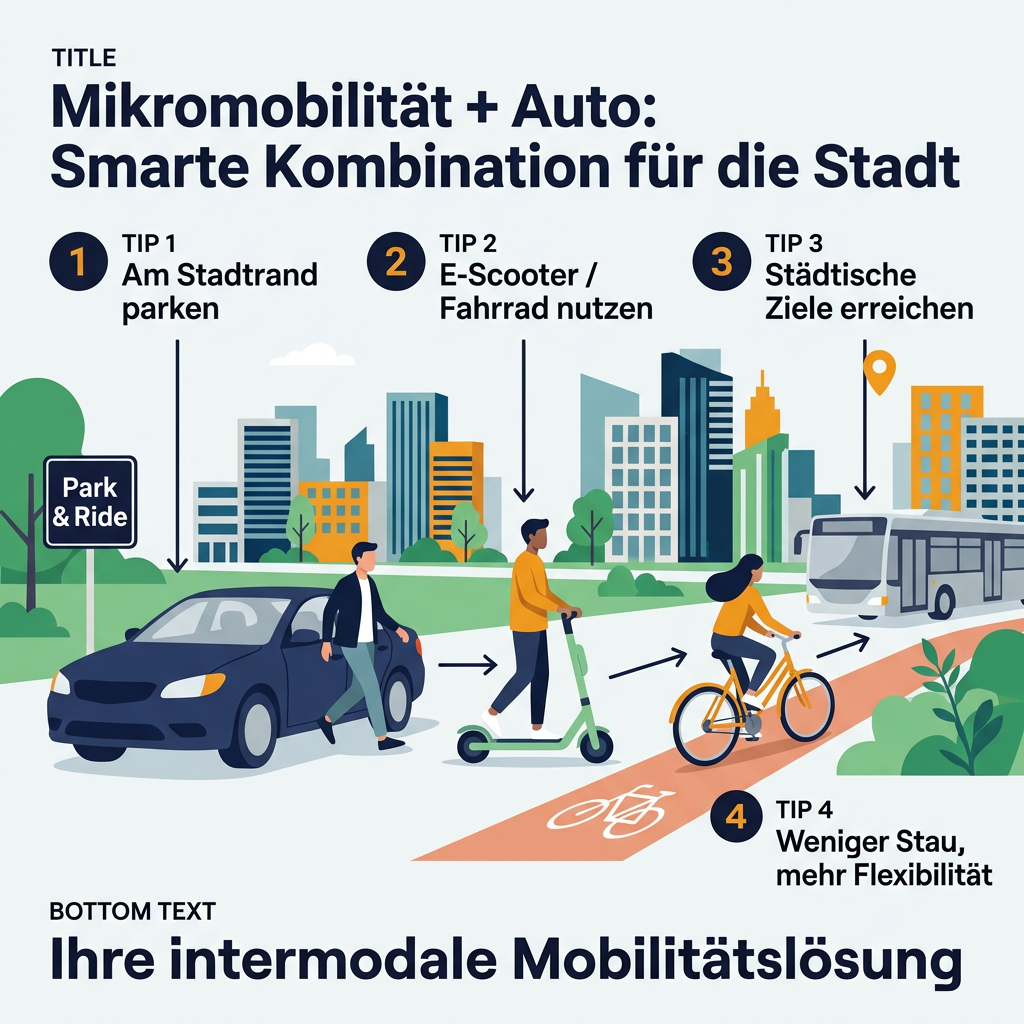 Infografik zur smarten Kombination von Mikromobilität und Auto für effiziente urbane Fortbewegung, mit E-Scooter, Fahrrad und Pkw.