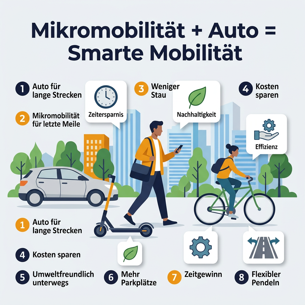 Infografik: Vorteile der Kombination von Mikromobilität und Auto in der urbanen Mobilität, wie Zeitersparnis, Nachhaltigkeit, Kostenersparnis, weniger Stau und flexible Pendelmöglichkeiten.