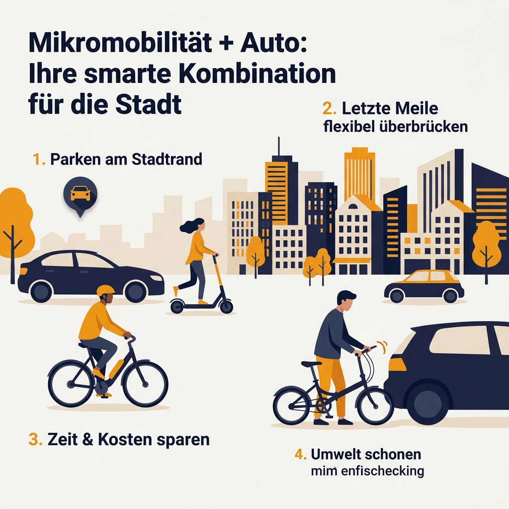 Infografik: Mikromobilität und Auto clever kombinieren Infografik zur smarten Kombination von Mikromobilität und Auto in der Stadt für effiziente und nachhaltige Mobilität.