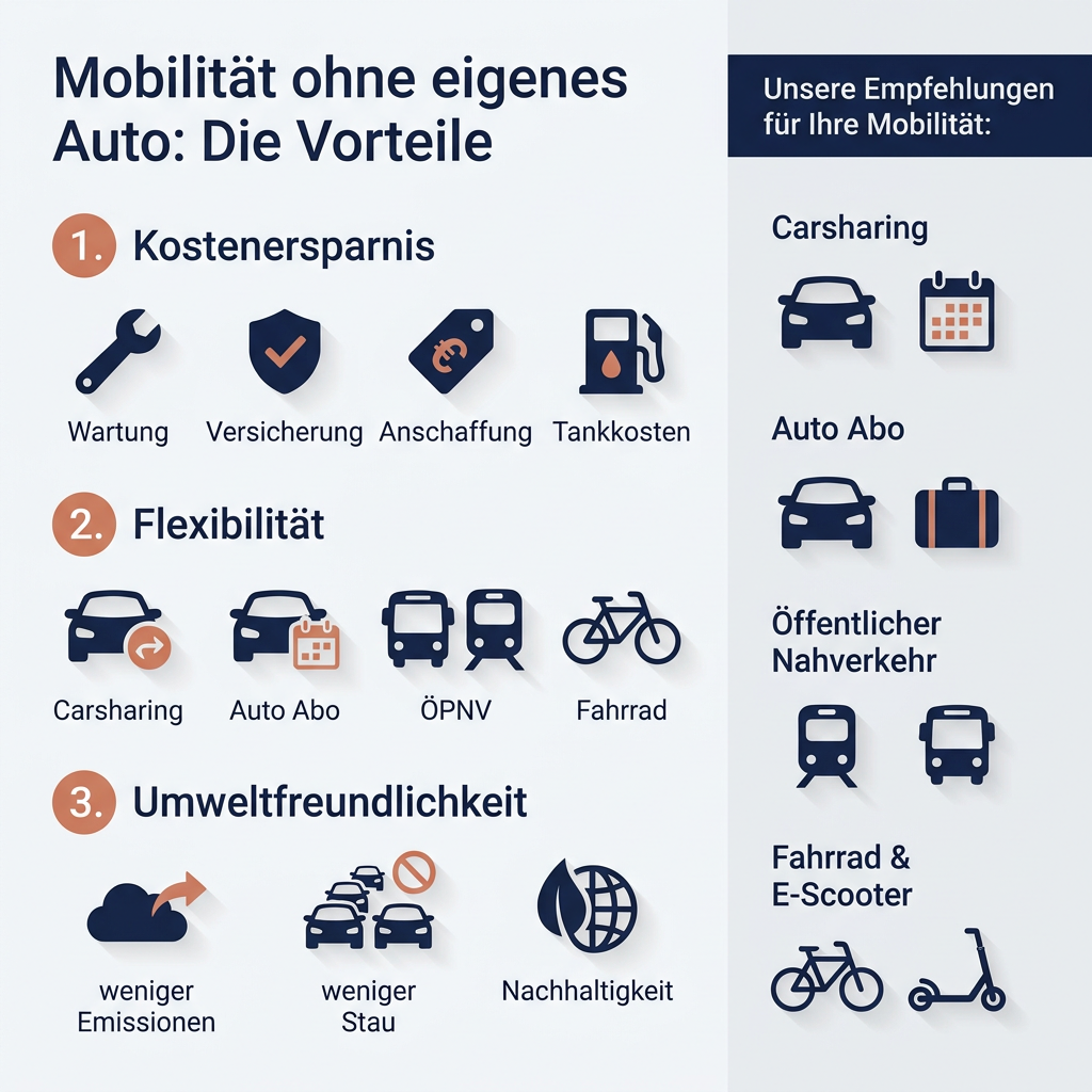 Infografik über Vorteile und Optionen der Mobilität ohne eigenes Auto, inklusive Kostenersparnis, Flexibilität durch Carsharing und Autoabo, sowie Umweltfreundlichkeit im Vergleich zum eigenen Fahrzeug.