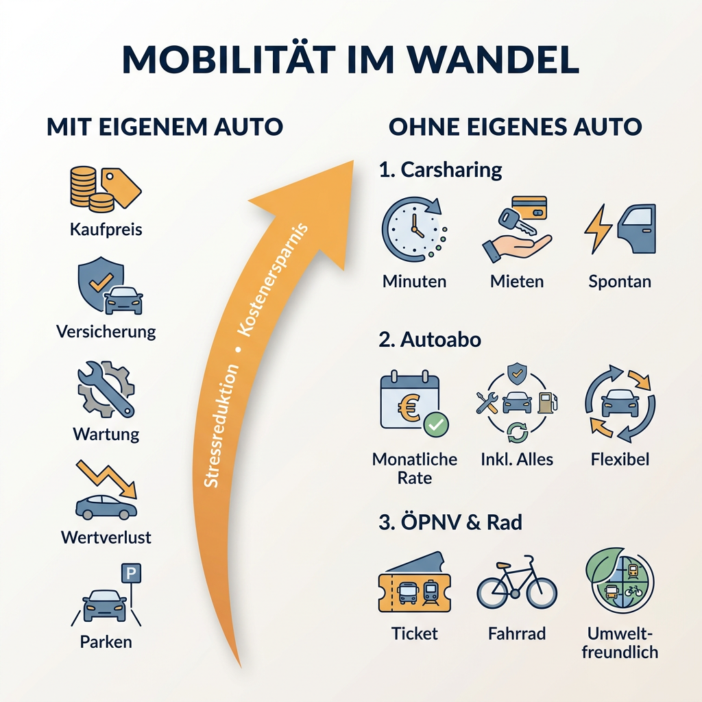Infografik zum Vergleich von Mobilität mit eigenem Auto vs. ohne eigenes Auto durch Carsharing, Autoabo, ÖPNV und Rad.