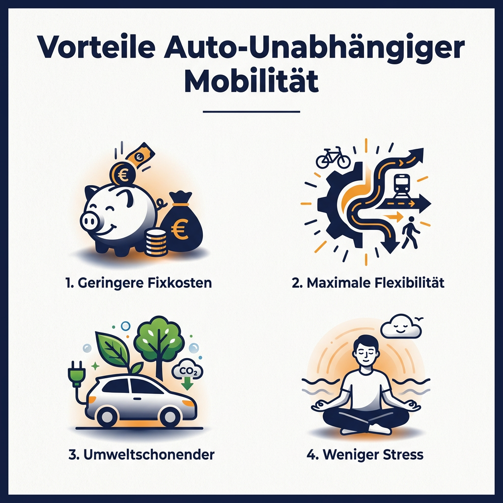 Infografik über die Vorteile auto-unabhängiger Mobilität mit geringeren Fixkosten, maximaler Flexibilität, Umweltfreundlichkeit und weniger Stress durch Carsharing und Autoabo.