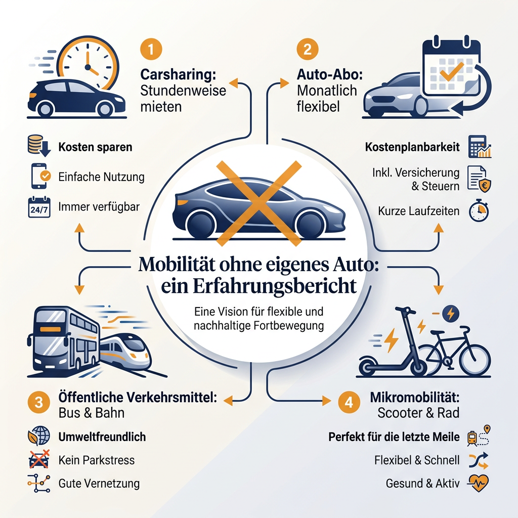 Infografik über verschiedene Mobilitätslösungen wie Carsharing, Auto Abo, öffentliche Verkehrsmittel und Mikromobilität als Alternative zum eigenen Auto.