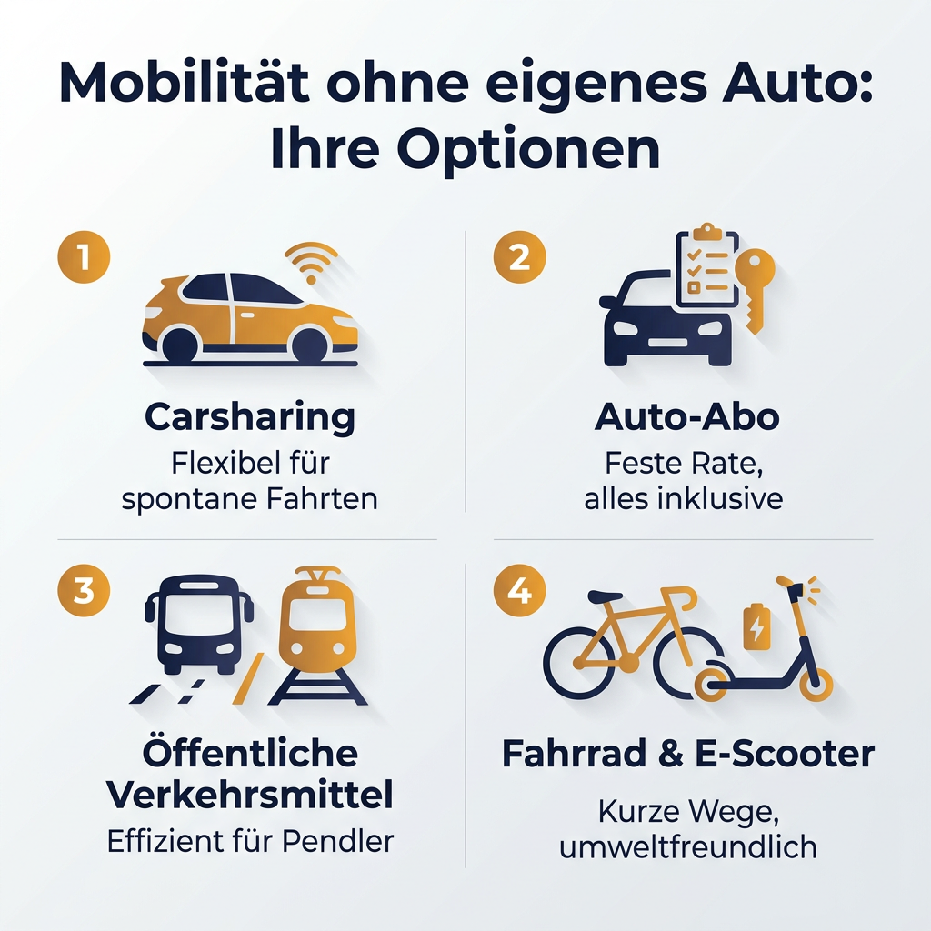 Infografik zu flexibler Mobilität ohne eigenes Auto, zeigt Carsharing, Auto-Abo, öffentliche Verkehrsmittel und Fahrräder als Optionen.