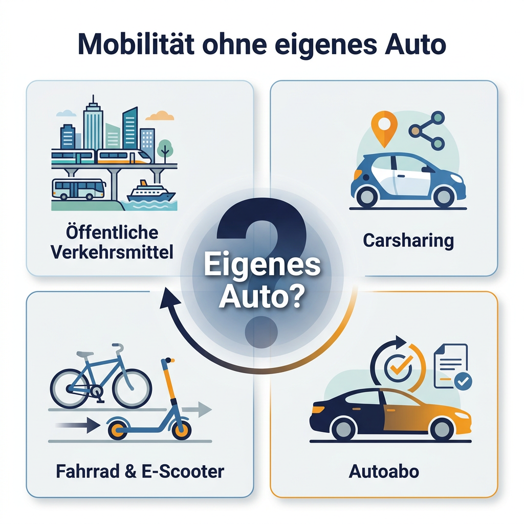 Infografik: Übersicht über alternative Mobilitätskonzepte wie öffentliche Verkehrsmittel, Carsharing, Autoabo und Mikro-Mobilität als Alternativen zum eigenen Auto.