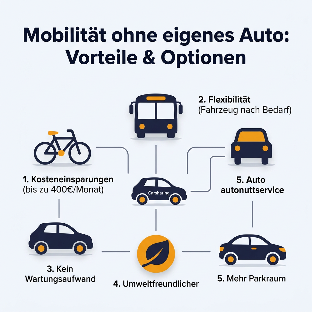 Infografik zur Mobilität ohne eigenes Auto Infografik: Vorteile und Optionen der Mobilität ohne eigenes Auto, mit Darstellung von Carsharing, Autoabo und ÖPNV.