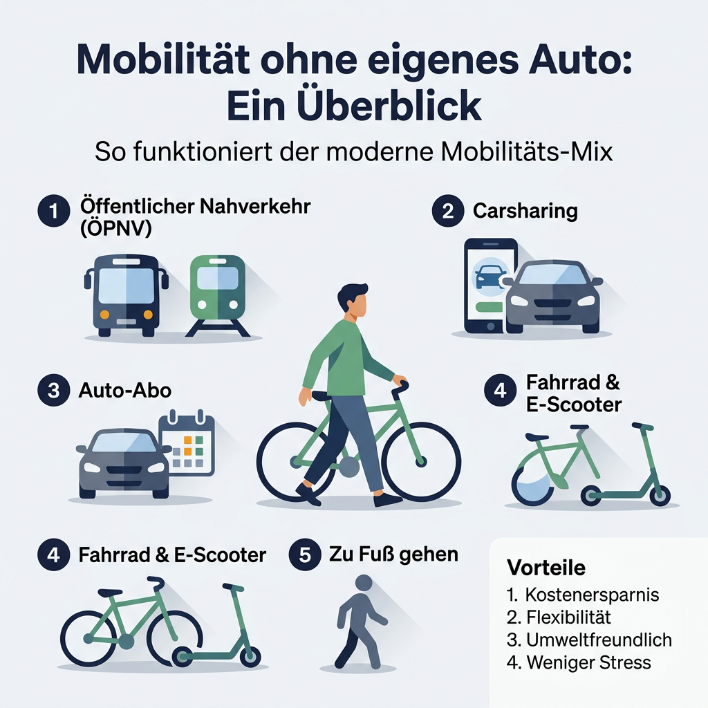 Infografik zum Thema 'Mobilität ohne eigenes Auto', die Carsharing, Auto-Abos und öffentliche Verkehrsmittel darstellt und Vorteile wie Kostenersparnis und Flexibilität hervorhebt.