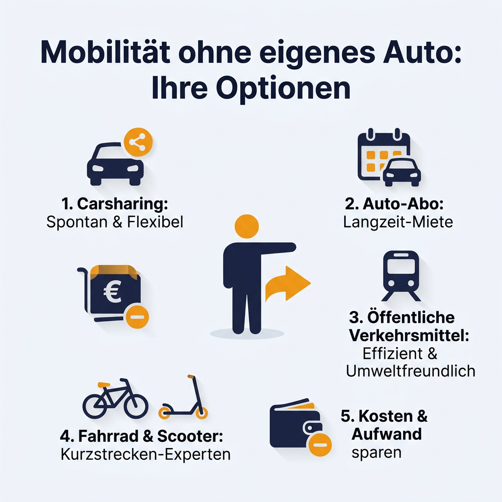Infografik: Mobilität ohne eigenes Auto – Ihre Optionen mit Carsharing, Auto-Abo, ÖPNV, Fahrrad und Scooter zur Kostenersparnis.
