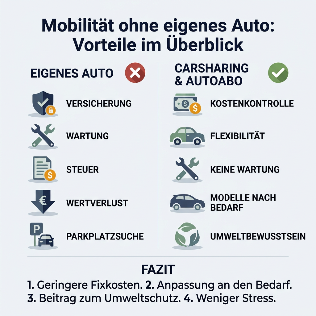 Infografik: Vorteile der Mobilität ohne eigenes Auto – Fokus auf Carsharing und Autoabo mit Kostenvorteilen und Flexibilität.