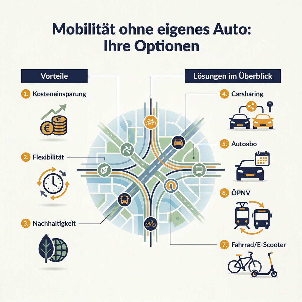Infografik: Die Vorteile und Lösungen für Mobilität ohne eigenes Auto, inklusive Carsharing, Autoabo und ÖPNV.