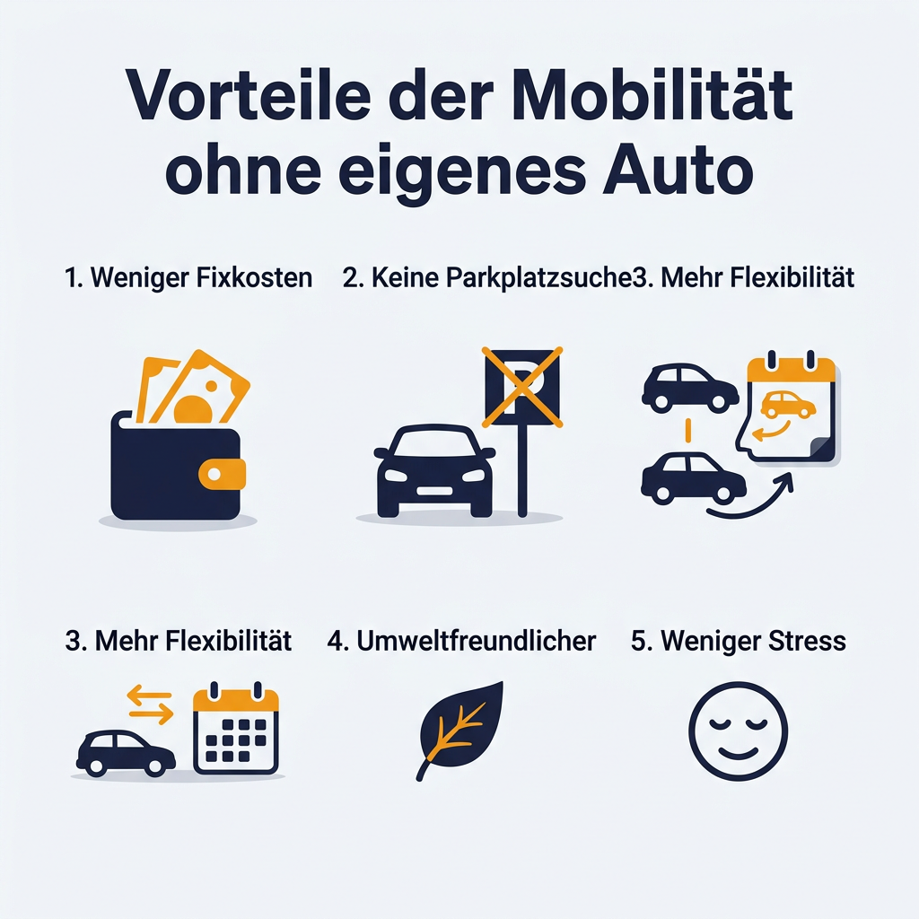 Infografik: Vorteile der Mobilität ohne eigenes Auto, zeigt weniger Fixkosten, keine Parkplatzsuche, mehr Flexibilität, Umweltfreundlichkeit und weniger Stress.
