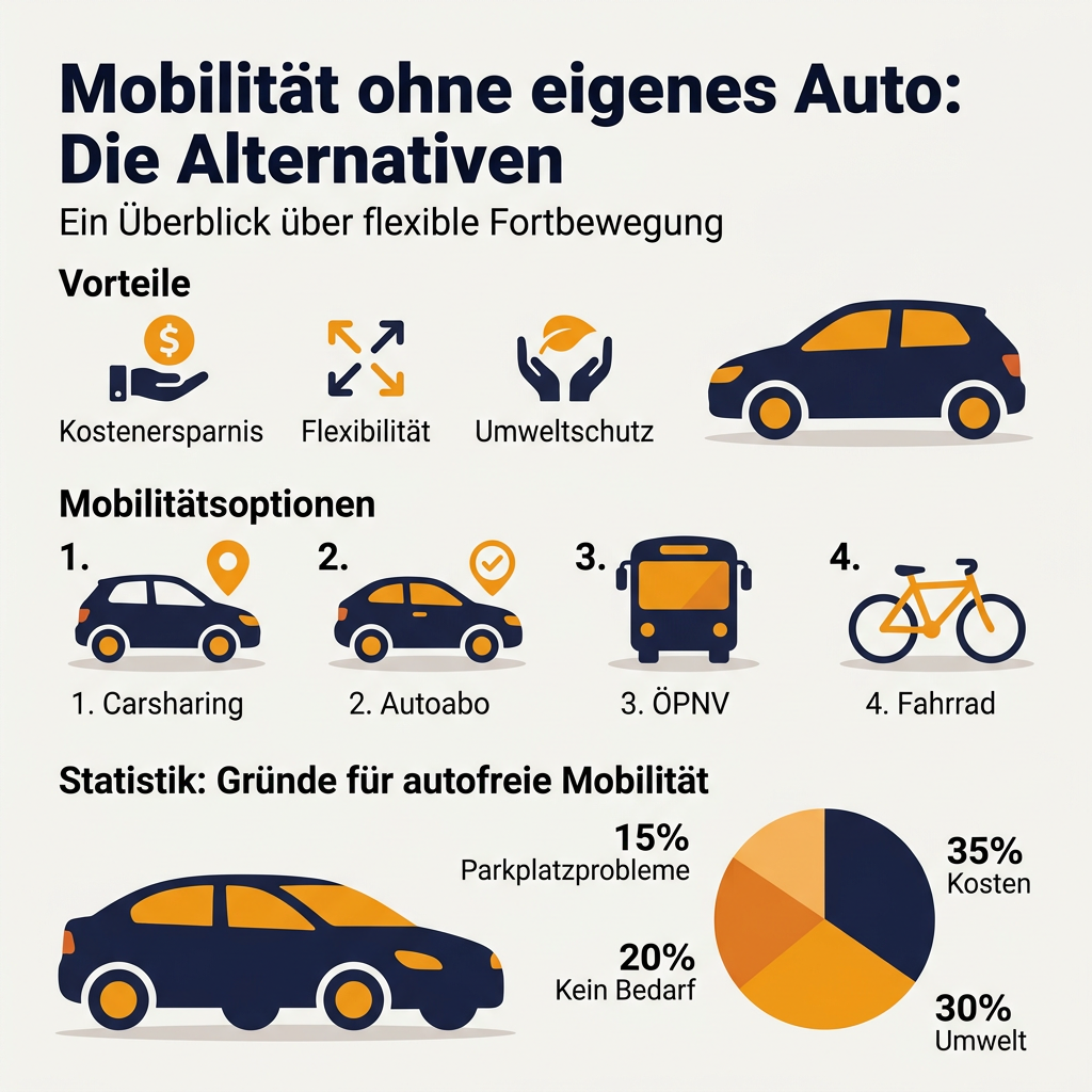 Infografik über Mobilität ohne eigenes Auto, zeigt Vorteile wie Kostenersparnis, Flexibilität und Umweltschutz, sowie Mobilitätsoptionen wie Carsharing, Autoabo, ÖPNV und Fahrrad, ergänzt durch Statistiken zu den Gründen für die Nutzung dieser Alternativen.
