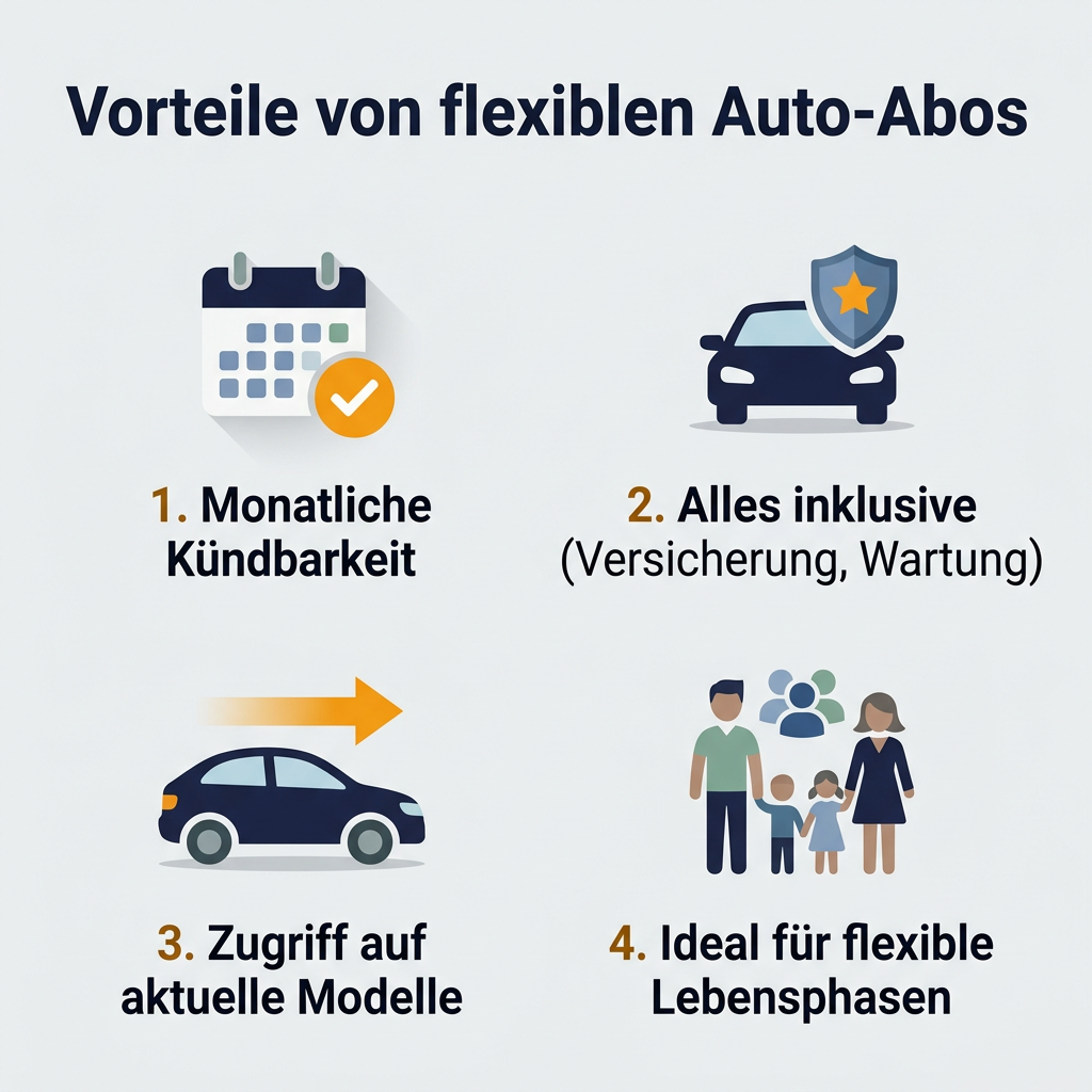 Infografik: Vorteile von flexiblen Auto-Abos mit monatlicher Kündbarkeit, All-Inclusive-Leistungen und Zugriff auf aktuelle Modelle für flexible Lebensphasen.