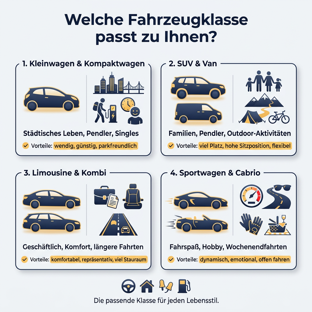 Infografik: Welche Fahrzeugklasse passt zum Lebensstil - Vergleich von Kleinwagen, SUV, Limousine und Sportwagen