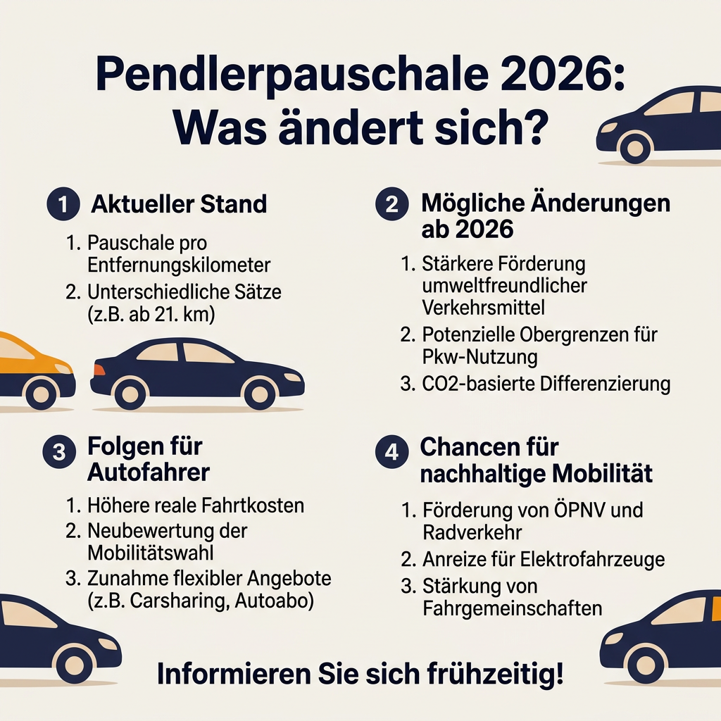 Infografik zu den potenziellen Änderungen der Pendlerpauschale 2026 und deren Auswirkungen auf Autofahrer und Mobilität in Deutschland.