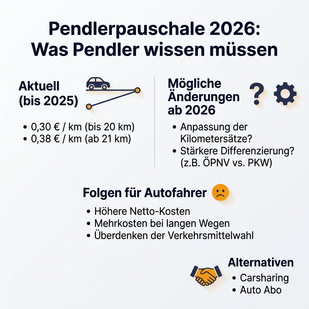 Infografik zur Pendlerpauschale 2026 mit den möglichen Änderungen und Folgen für Autofahrer sowie Alternativen wie Carsharing und Autoabo.