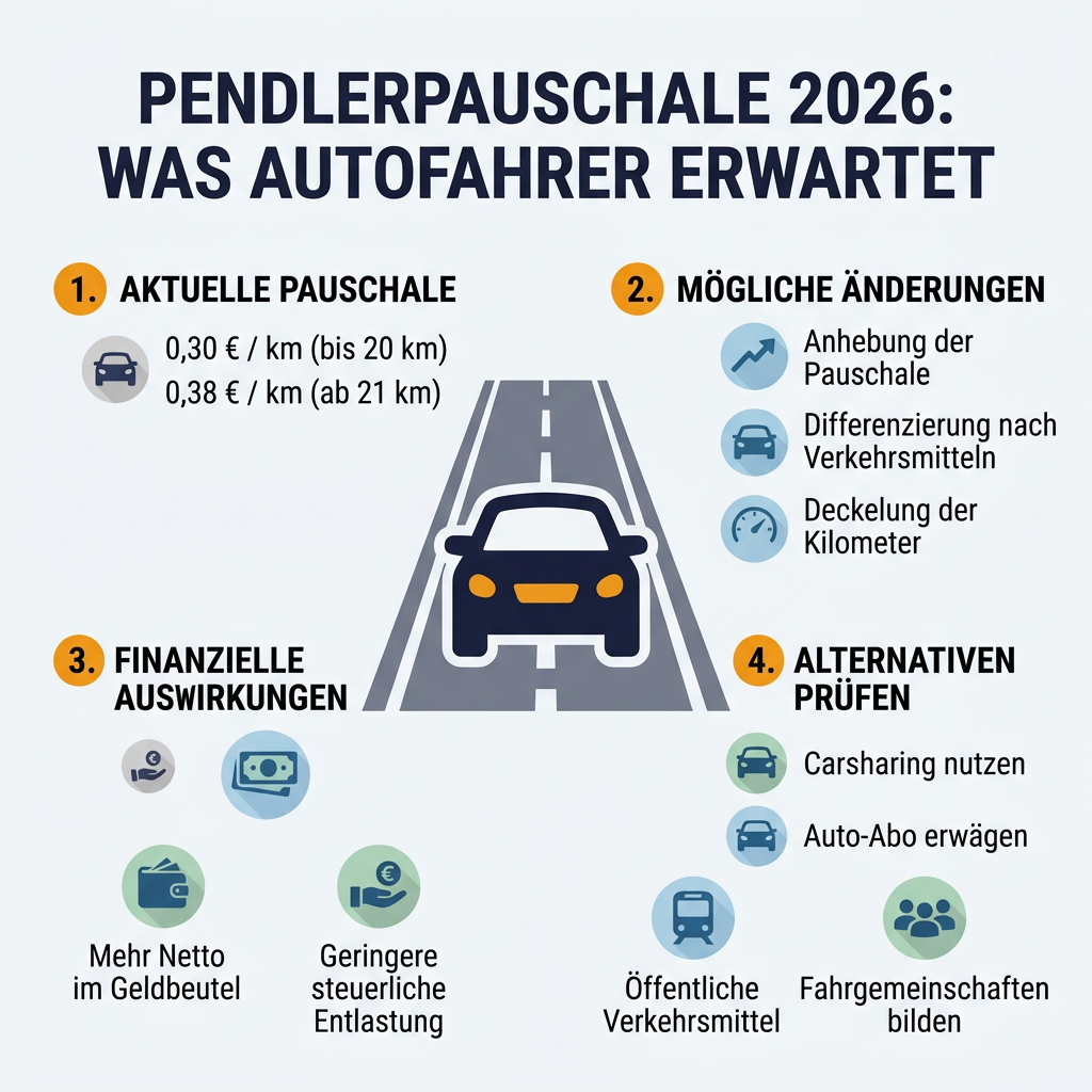 Infografik zur Pendlerpauschale 2026, die aktuelle Werte, mögliche Änderungen und Alternativen für Autofahrer darstellt.