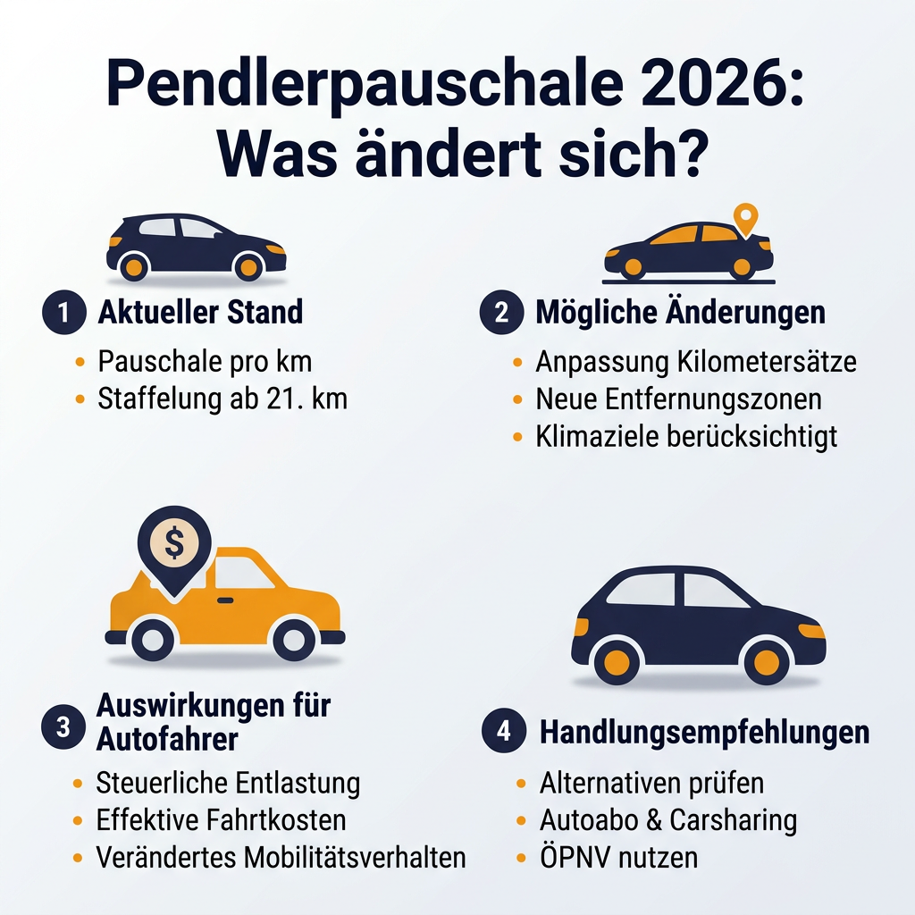 Infografik zur Pendlerpauschale 2026 mit Auswirkungen auf Autofahrer, Kosten und Alternativen wie Carsharing und Autoabo.