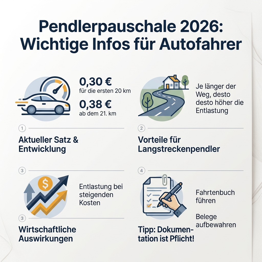 Pendlerpauschale 2026: Infos für Autofahrer Infografik zur Pendlerpauschale 2026 für Autofahrer mit Hinweisen zu aktuellen Sätzen, Vorteilen und Dokumentation.