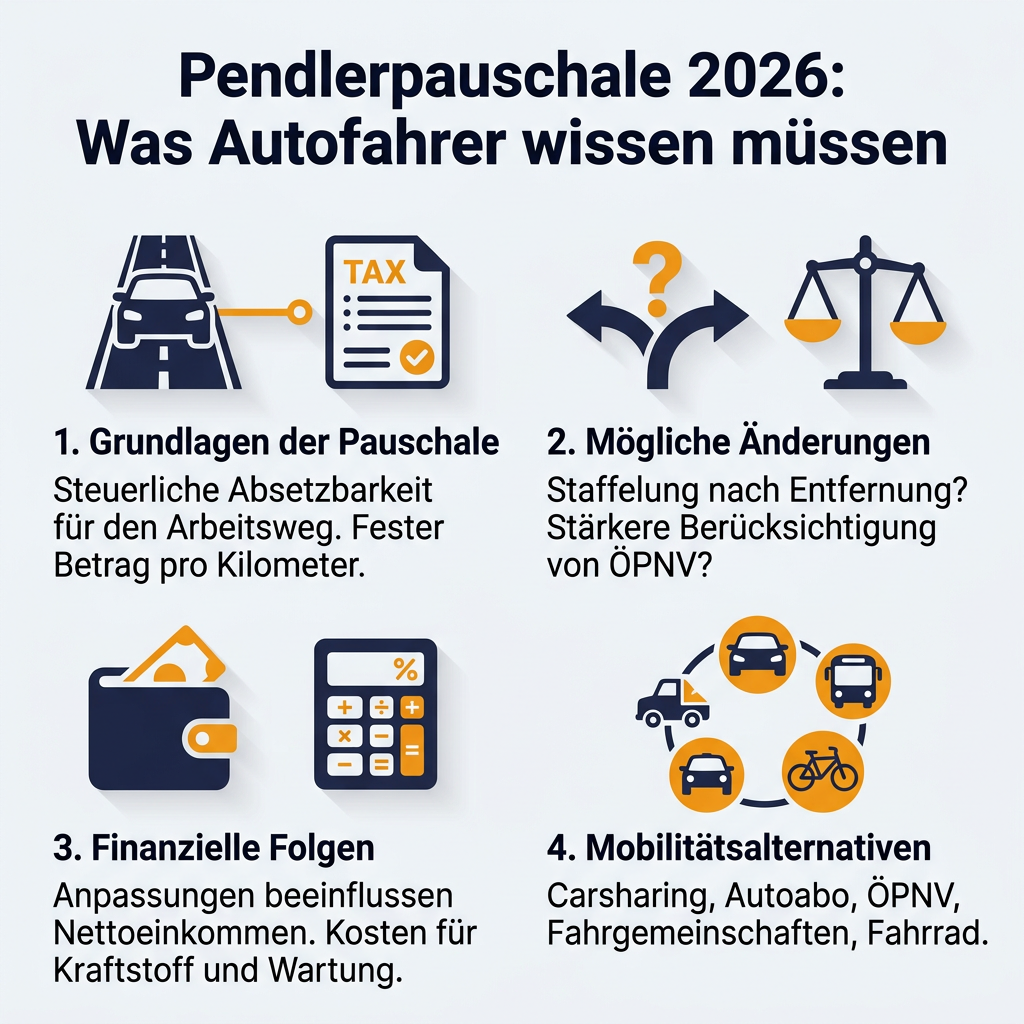 Pendlerpauschale 2026: Was Autofahrer wissen müssen Infografik: Die Pendlerpauschale 2026 mit Auswirkungen für Autofahrer, Grundlagen, mögliche Änderungen, finanzielle Folgen und Mobilitätsalternativen. Dargestellt mit modernen Icons.