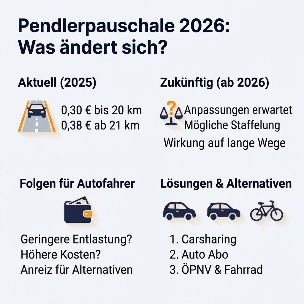 Pendlerpauschale 2026: Änderungen und Alternativen für Autofahrer Infografik zu den erwarteten Änderungen der Pendlerpauschale 2026 und deren Folgen für Autofahrer sowie alternative Mobilitätslösungen wie Carsharing und Autoabos.