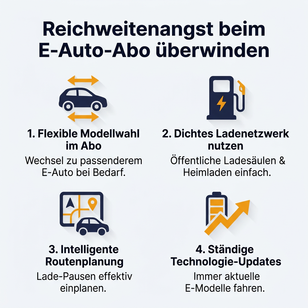 Infografik: So überwinden Sie Reichweitenangst beim E-Auto-Abo mit flexibler Modellwahl, dichtem Ladenetzwerk, intelligenter Routenplanung und ständigen Technologie-Updates.