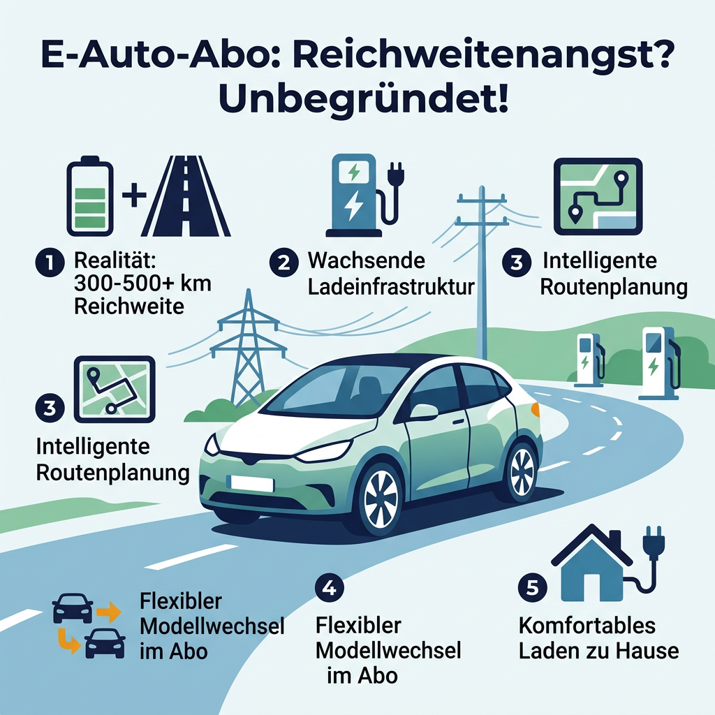 Infografik: So wird Reichweitenangst beim E-Auto-Abo entkräftet – mit Fakten zu Reichweite, Ladeinfrastruktur und Flexibilität von Abos.