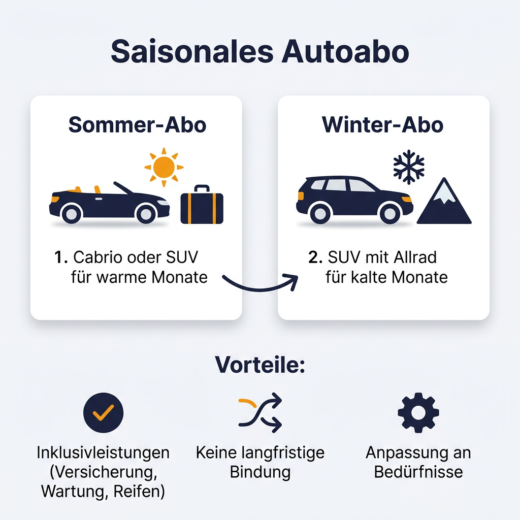 Infografik: Die Vorteile eines saisonalen Autoabos mit passenden Fahrzeugen für Sommer- und Wintermonate, inklusive Leistungen und Flexibilität.