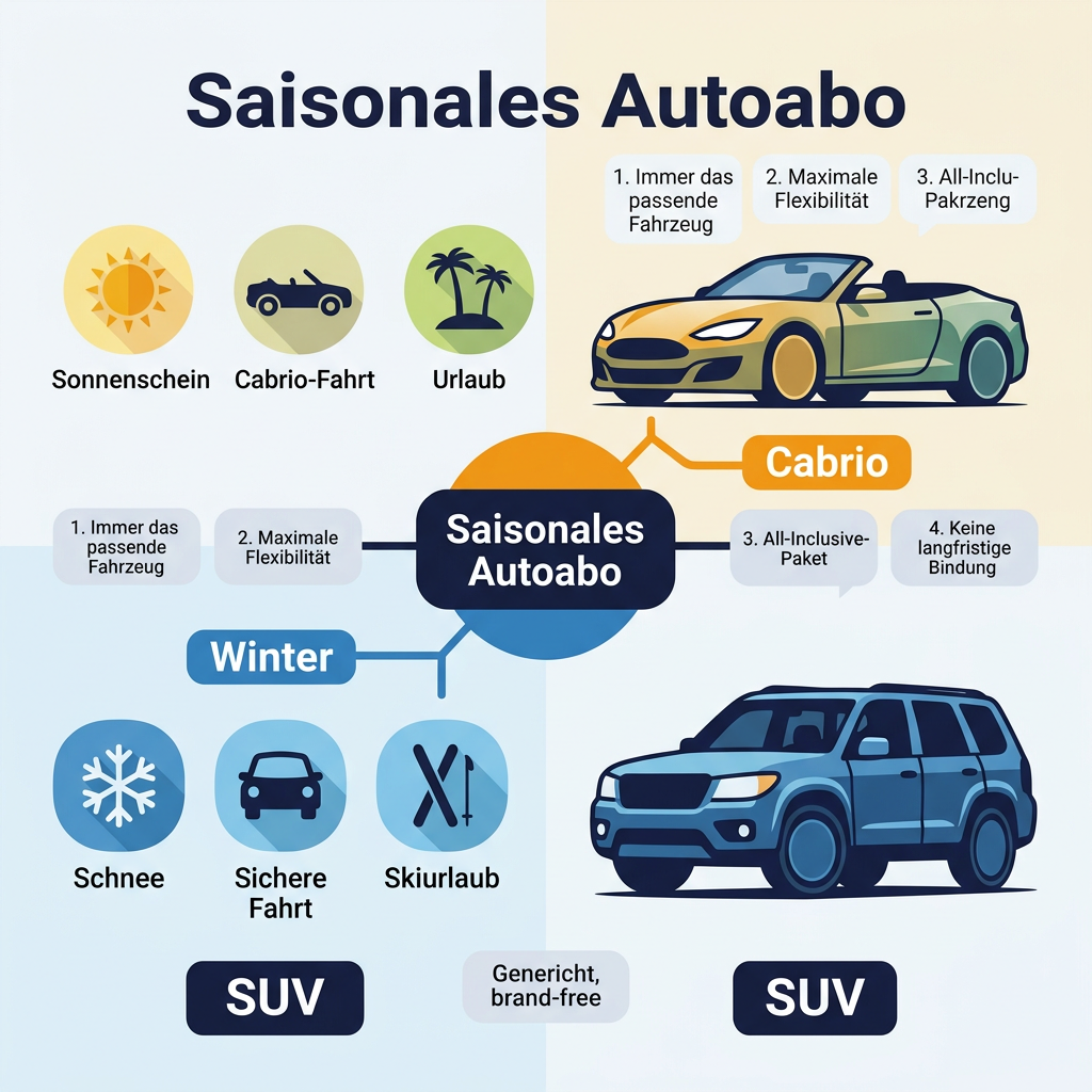 Infografik zum saisonalen Autoabo, die die Vorteile und den Fahrzeugwechsel zwischen Sommer (Cabrio) und Winter (SUV) darstellt. Keywords: saisonales Autoabo, flexible Mobilität, Sommerauto, Winterauto, Vorteile Autoabo.