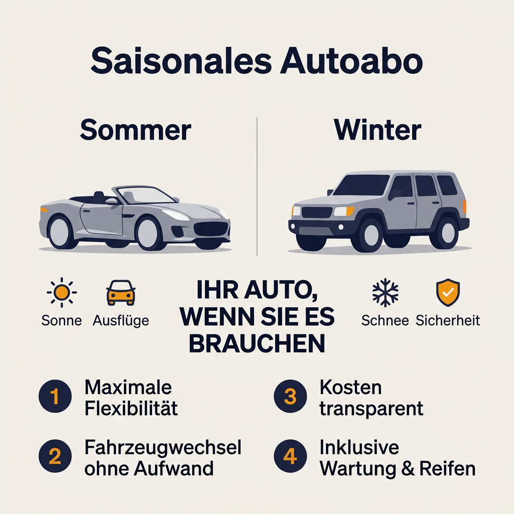 Infografik: Saisonales Autoabo für Sommer- und Wintermonate Infografik zum saisonalen Autoabo mit Symbolen für Sommer und Winter, die die Vorteile und die Flexibilität der Mobilitätslösung darstellt.