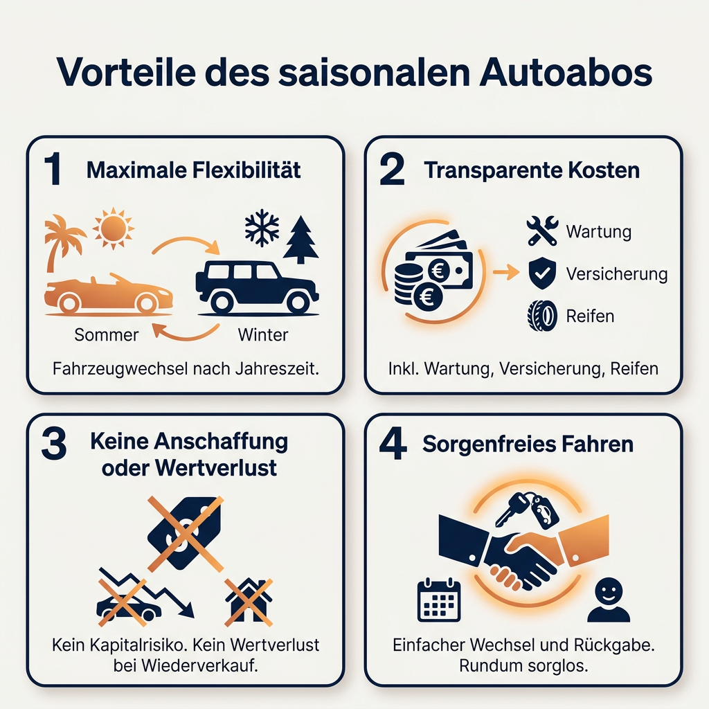 Infografik: Vorteile des saisonalen Autoabos – Flexibilität Sommer und Winter, inklusive Wartung und Versicherung, keine Anschaffungskosten, sorgenfreies Fahrerlebnis, einfacher Fahrzeugtausch.